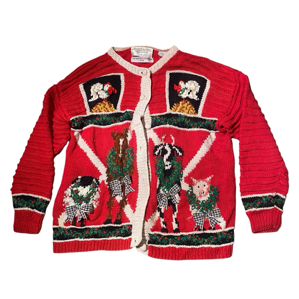 Marisa Christina Classic Knit Red Cardigan Farm Animals Cow Horse Chicken Pig S